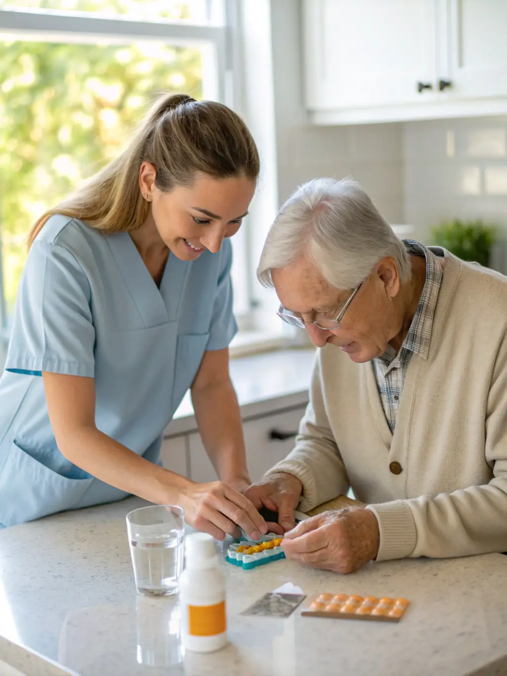 A professional caregiver attentively assisting an elderly man with medication in a tidy, welcoming home environment, conveying reliability and expertise.