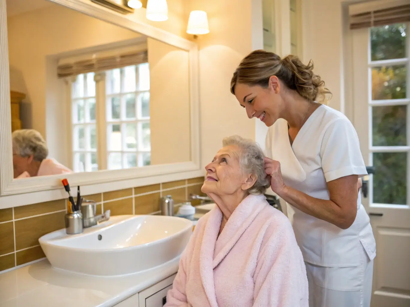 A gentle caregiver assisting an elderly man with grooming and personal hygiene in a bright, tidy bathroom, both showing trust and comfort.