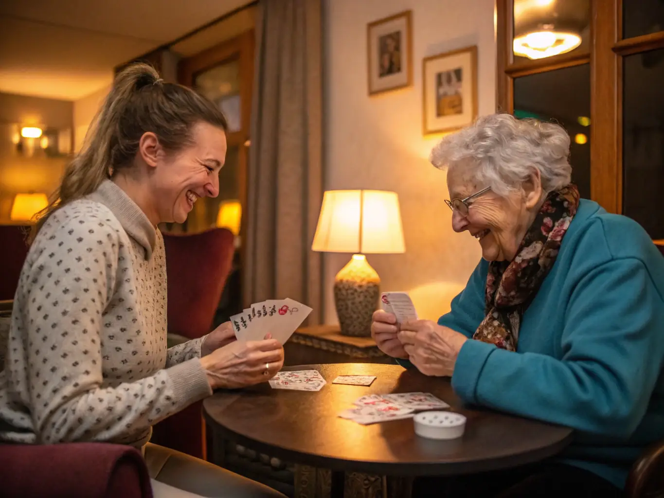 A compassionate caregiver guiding an elderly woman with dementia through a memory game at a kitchen table, both focused and smiling, with soft natural light.