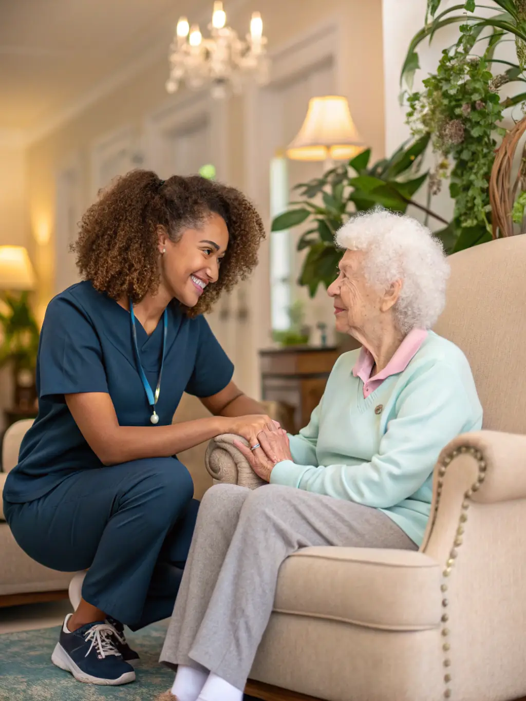 A warm, sunlit living room where a smiling caregiver gently holds the hand of an elderly woman, both looking content and at ease, symbolizing trust and compassion in home care.